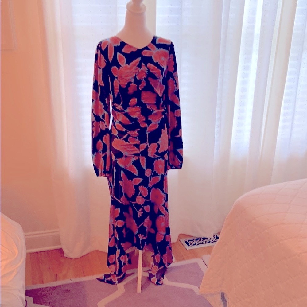 NOR Black and Persimmon ruched Floral Long Sleeve Dress